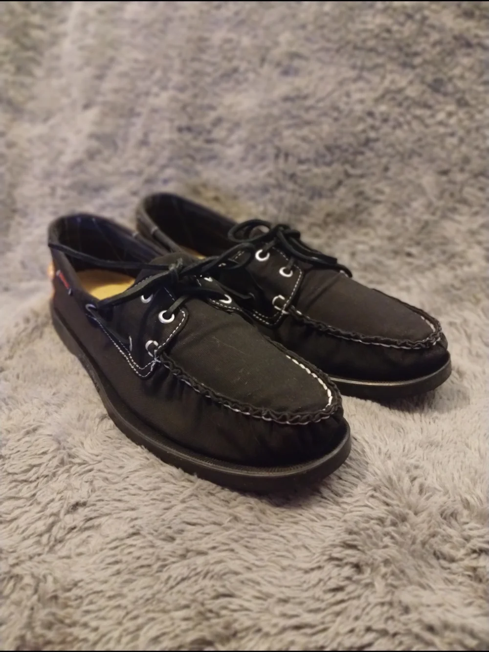 Sebago Black Boat Shoes with Tan Heel Patch